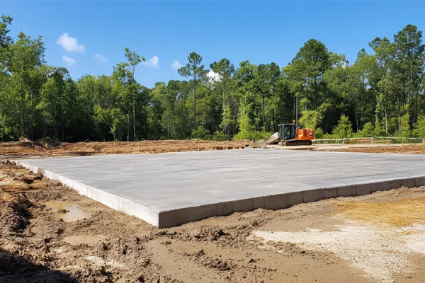 Concrete foundation slab in a wooded construction site, prepared for heavy-duty metal buildings and barns, showcasing Ibarra Construction's precision concrete work.