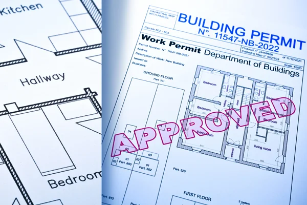 Building permit document featuring approved plans for construction, including floor layouts and rooms, relevant to Ibarra Construction's permit processing services.