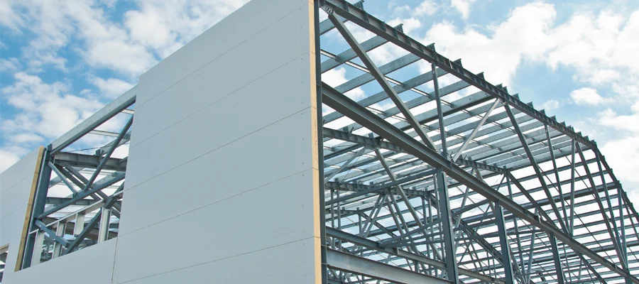 Durable metal and steel building framework under construction, showcasing structural integrity and design, relevant to Ibarra Construction's custom building services in Woodland, CA.