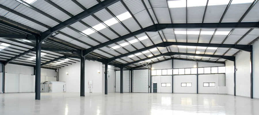 Interior of a spacious metal building showcasing steel framework, high ceilings, and ample natural light, emphasizing durability and design for custom construction by Ibarra Construction in Woodland, CA.
