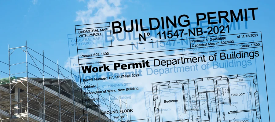 Building permit document with construction site background, highlighting Ibarra Construction's permit processing services for residential and commercial projects in Woodland, CA.