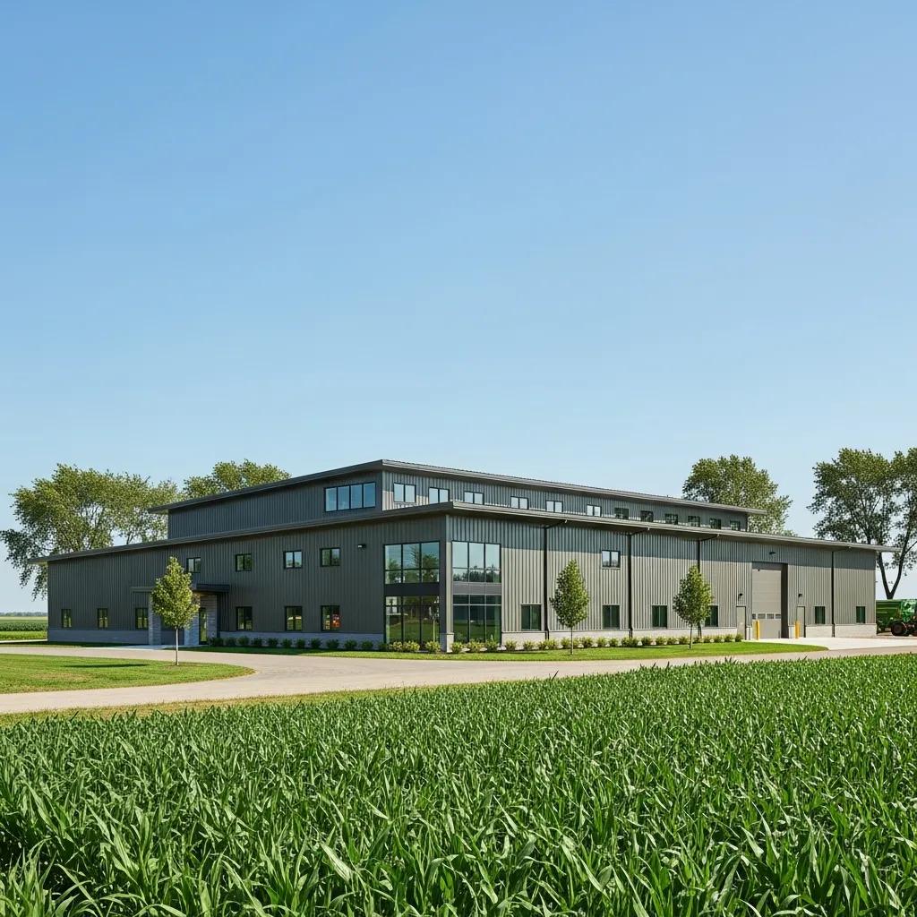 Modern metal building in agricultural setting, showcasing versatility and durability, surrounded by green fields and trees, designed for business efficiency and customization.