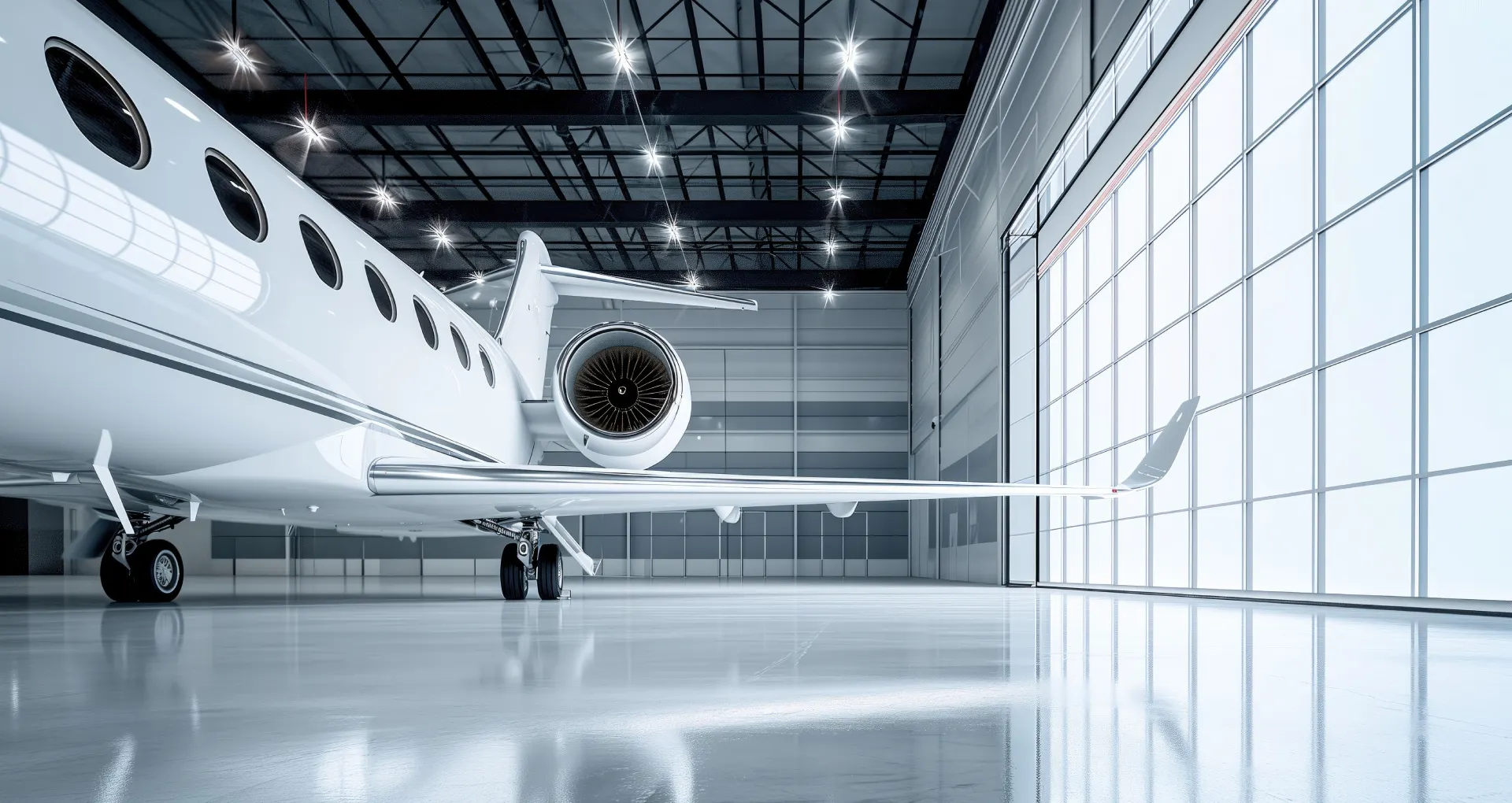 Airplane hangar interior featuring a sleek private jet, showcasing spacious design and modern architecture, emphasizing durability and safety for aircraft storage.