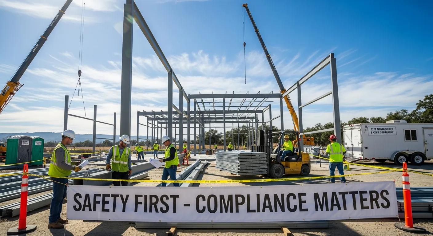Construction site with workers in safety gear, erecting a metal building frame, and a banner reading "SAFETY FIRST - COMPLIANCE MATTERS," emphasizing safety and compliance in metal building construction.