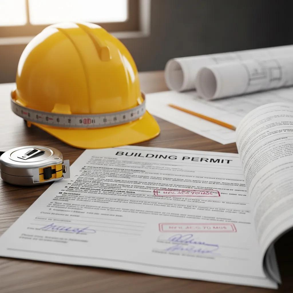 Building permit document on a desk with a yellow hard hat, measuring tape, and construction plans, symbolizing compliance with California Building Code for metal building projects.
