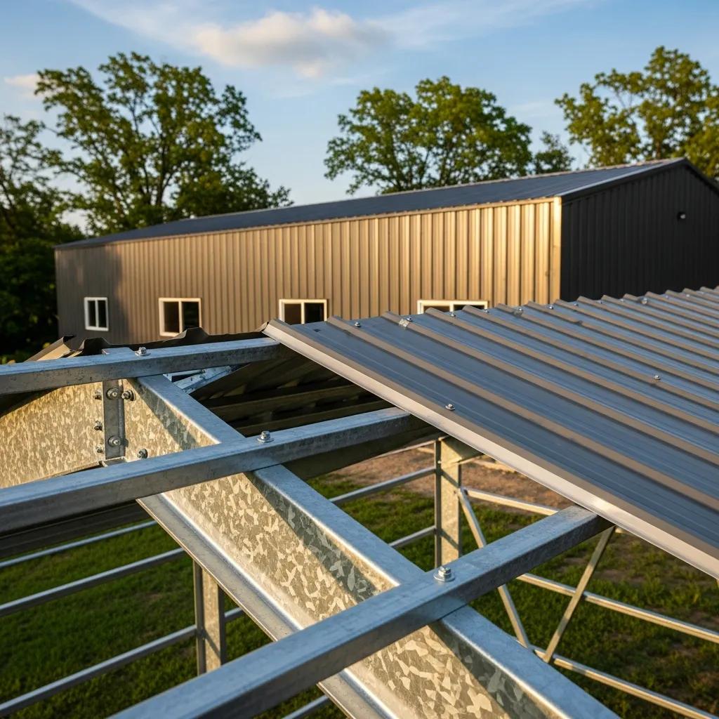 Detail of galvanized steel framing and roofing panels highlighting corrosion protection