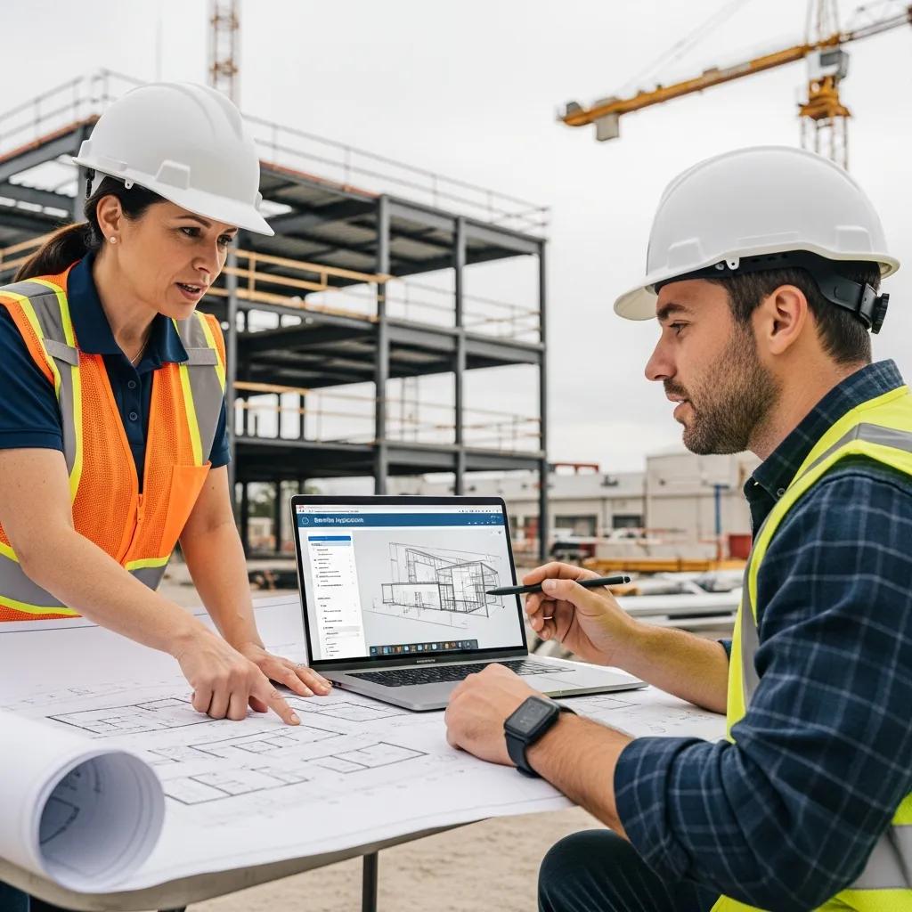 Construction manager and engineer reviewing building plans on a laptop at a construction site, with metal framework in the background, emphasizing collaboration in the metal building permit process.