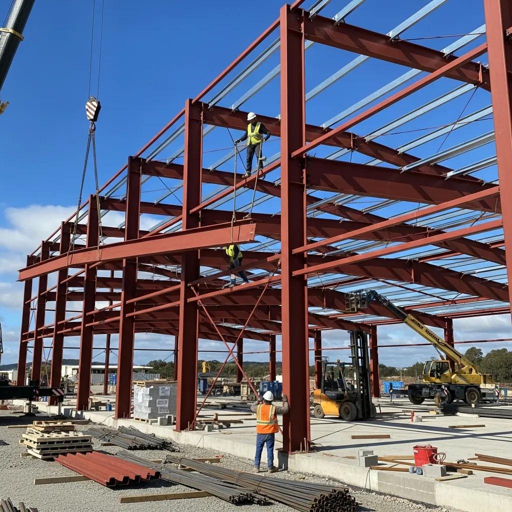 Metal building construction site with steel beams and workers in safety gear
