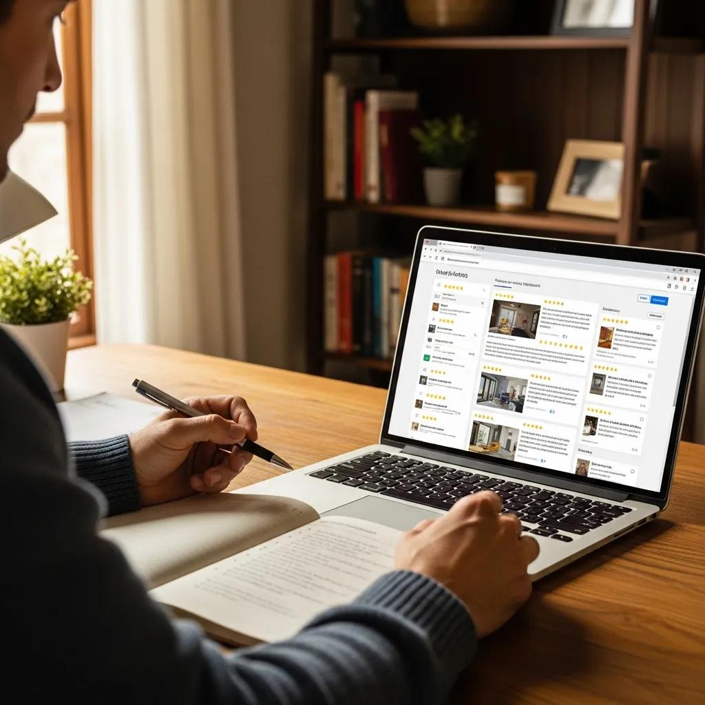 Person checking online reviews and client testimonials for metal building contractors
