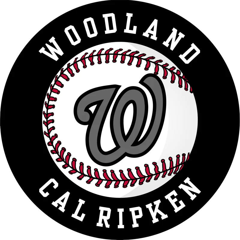 Woodland Cal Ripken baseball logo featuring a stylized "W" in gray, surrounded by a red-stitched baseball and black circular border.