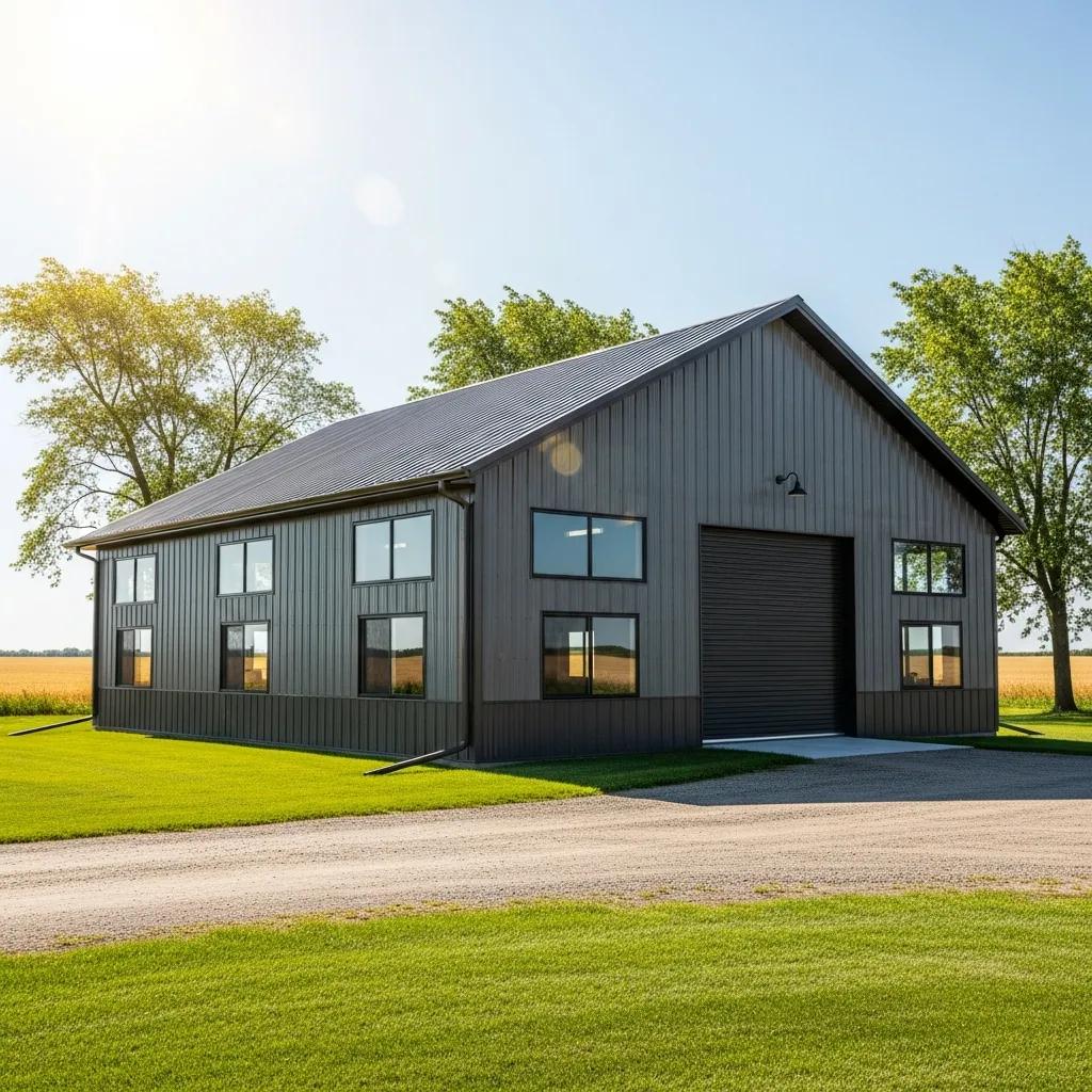 Custom metal building featuring durable steel construction, large windows, and a roll-up door, set in a rural landscape with green grass and trees, highlighting functionality and longevity.