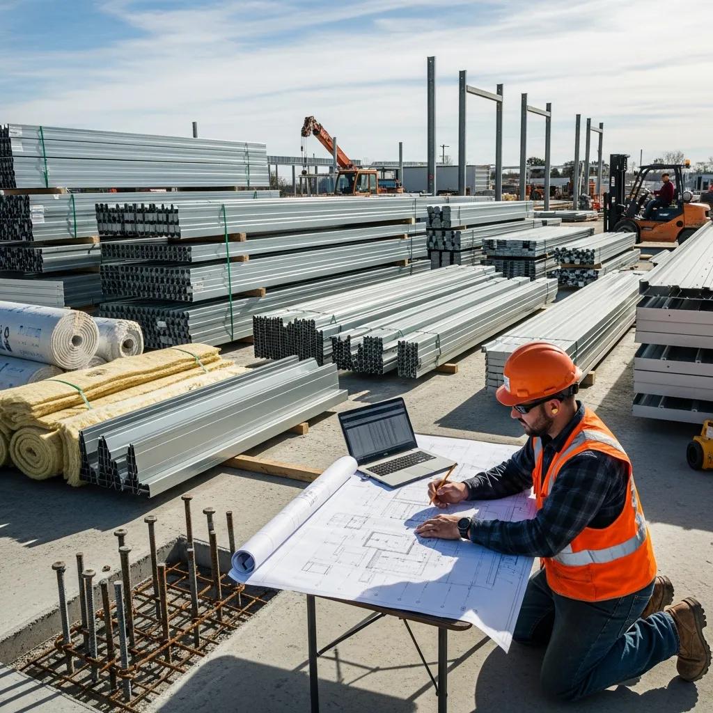 Worker reviewing construction plans at a metal building site with stacked steel components, insulation rolls, and machinery in the background.