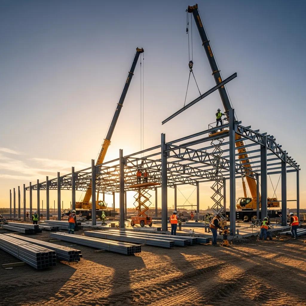 Construction site with pre-engineered steel components being assembled, showcasing efficient assembly processes and labor in action under a sunset backdrop.