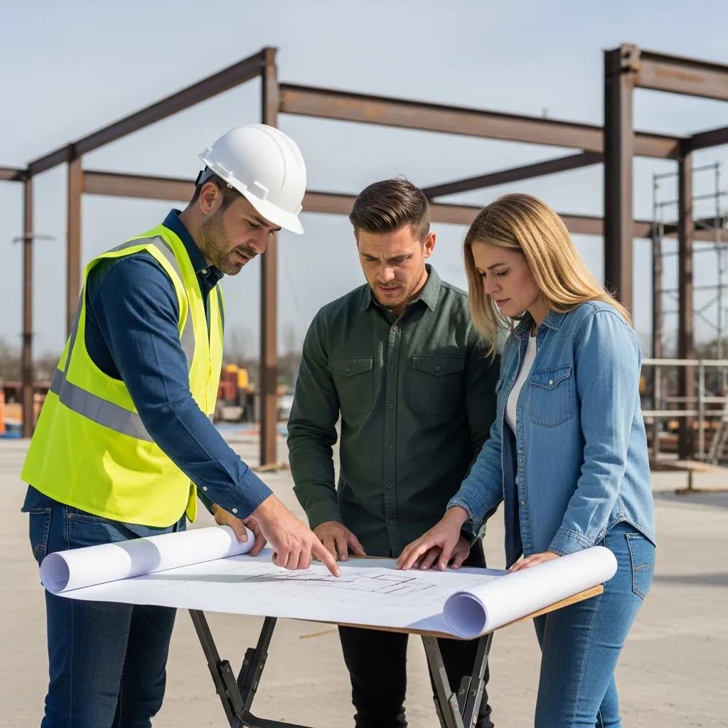 Contractor discussing turn-key metal building plans with clients at a construction site, reviewing blueprints and structural options.