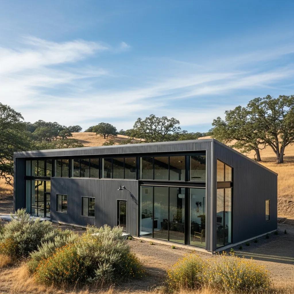 Custom metal building design featuring modern architecture and durability in Northern California, surrounded by natural landscape.