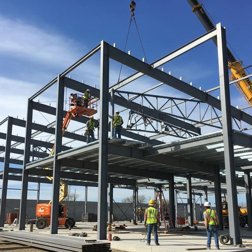 Workers assembling a custom metal building's steel framework, showcasing construction progress with cranes and lift equipment under a clear blue sky.