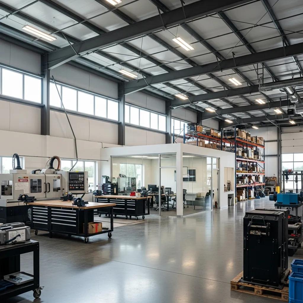 Interior layout of a customizable metal building featuring clear-span spaces, partitioned offices, workstations, and shelving for efficient organization and utility integration.