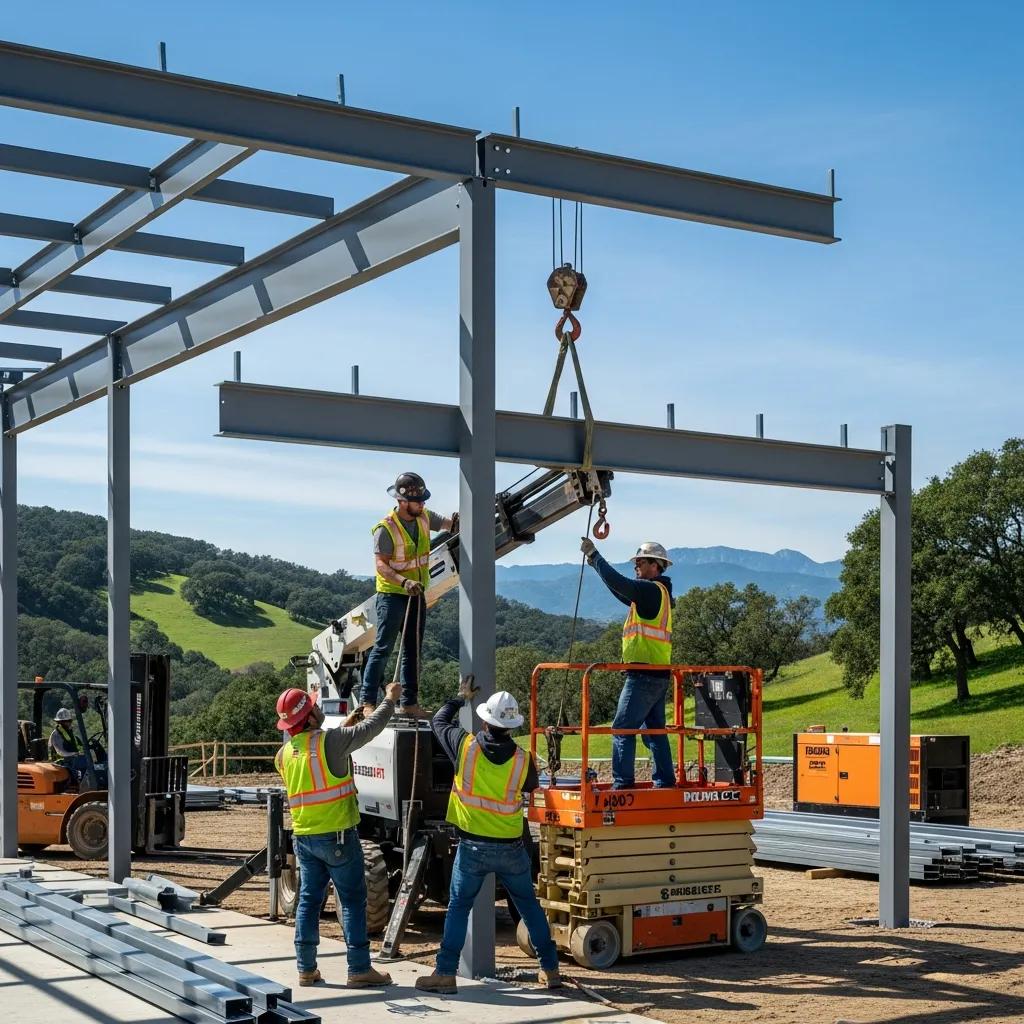 Local metal building contractors working on a construction site in Northern California, assembling steel framework with cranes and lifts, showcasing teamwork and construction processes.