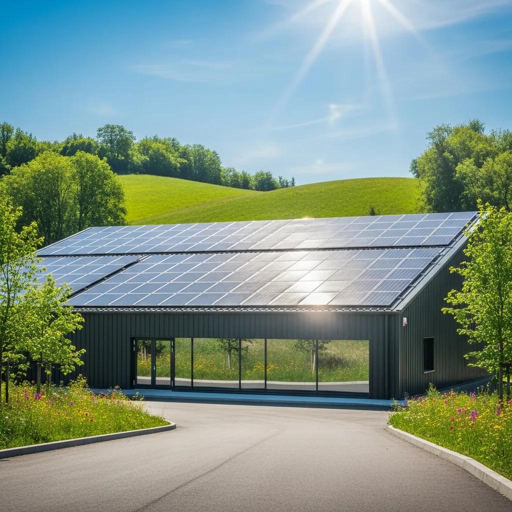 Metal building with solar panels, emphasizing energy efficiency and sustainable design, surrounded by greenery and a clear blue sky.