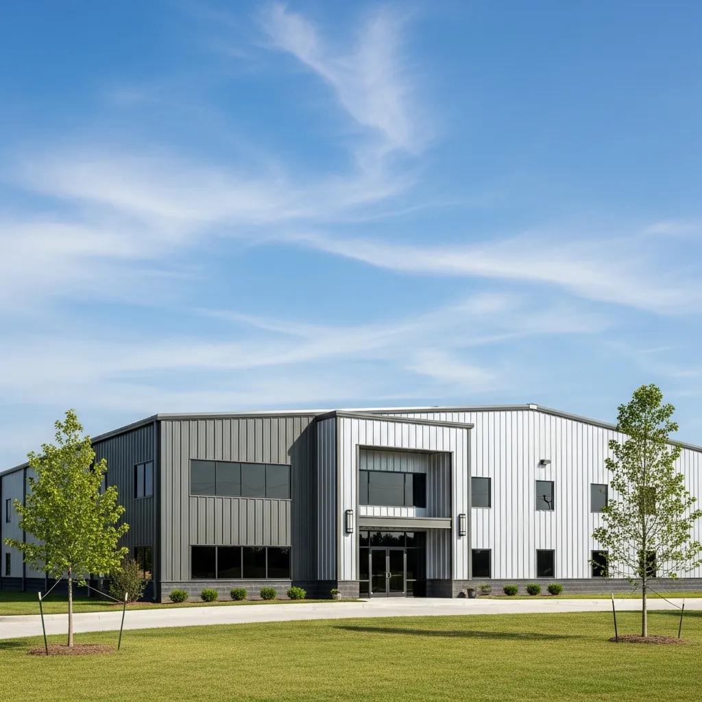 Modern metal building showcasing durability and affordability in construction, surrounded by green landscaping and a clear blue sky, relevant to local metal building design solutions.