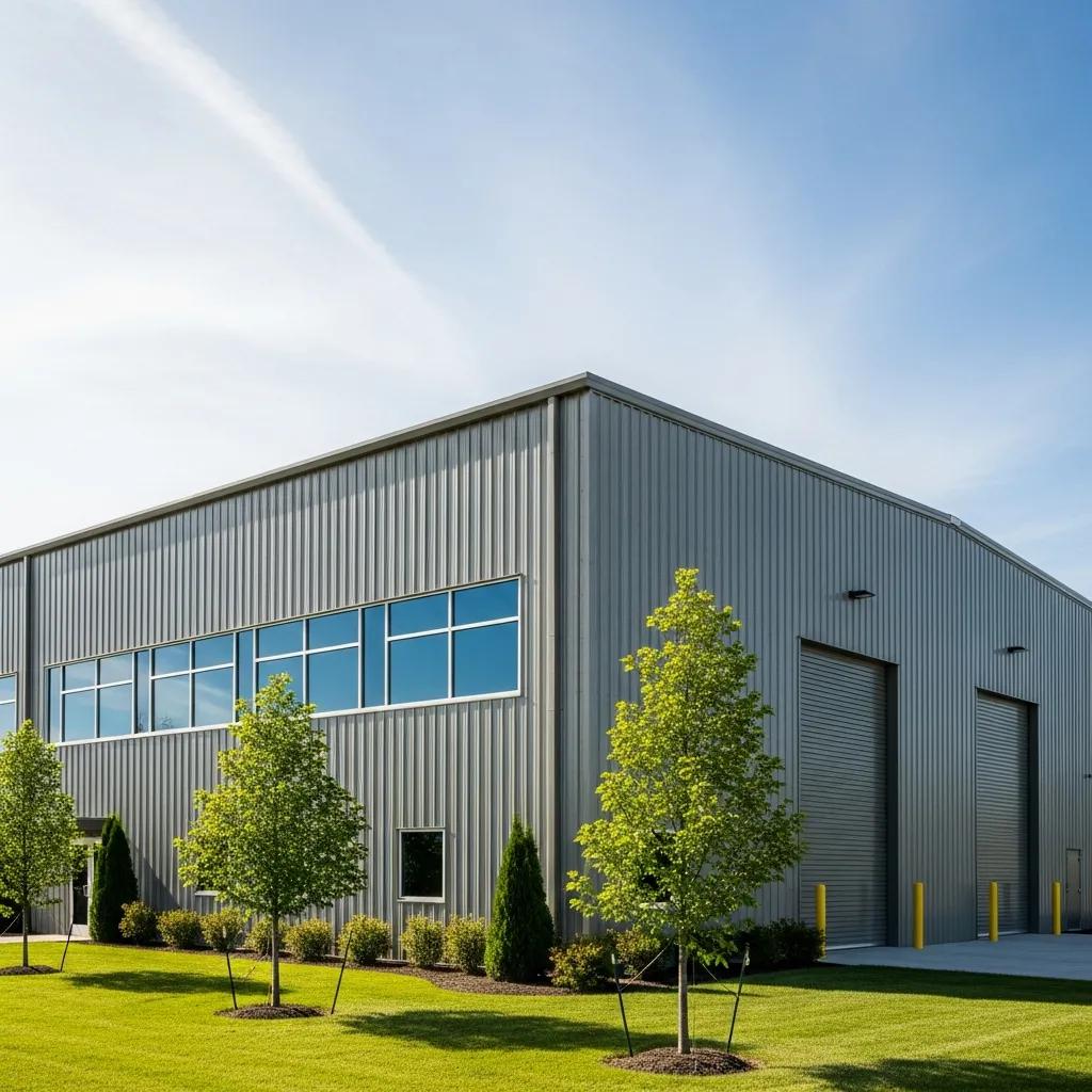 Completed preโengineered metal building with clean design and landscaping