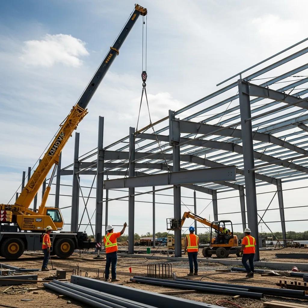Construction site with crane lifting steel beams during metal building assembly