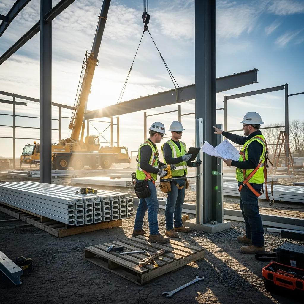 Construction crew assembling prefabricated metal building components on site