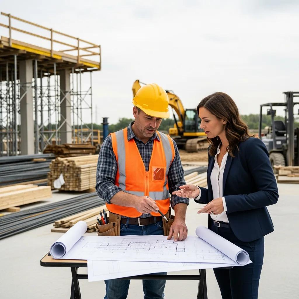 Contractor and client reviewing blueprints on a commercial construction site