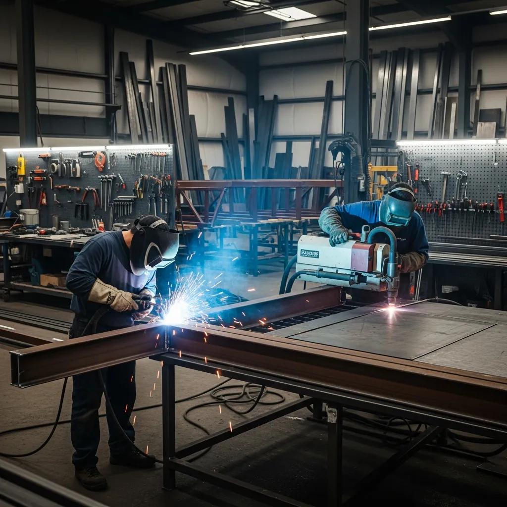 Metal fabrication workshop with workers cutting and welding metal components