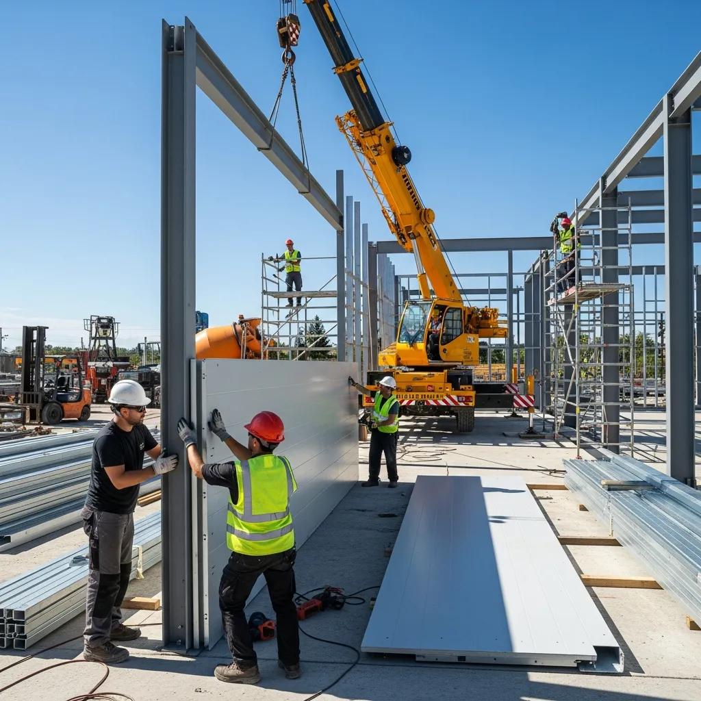 Workers erecting a prefab metal building &mdash; illustrating faster, more cost‑effective construction