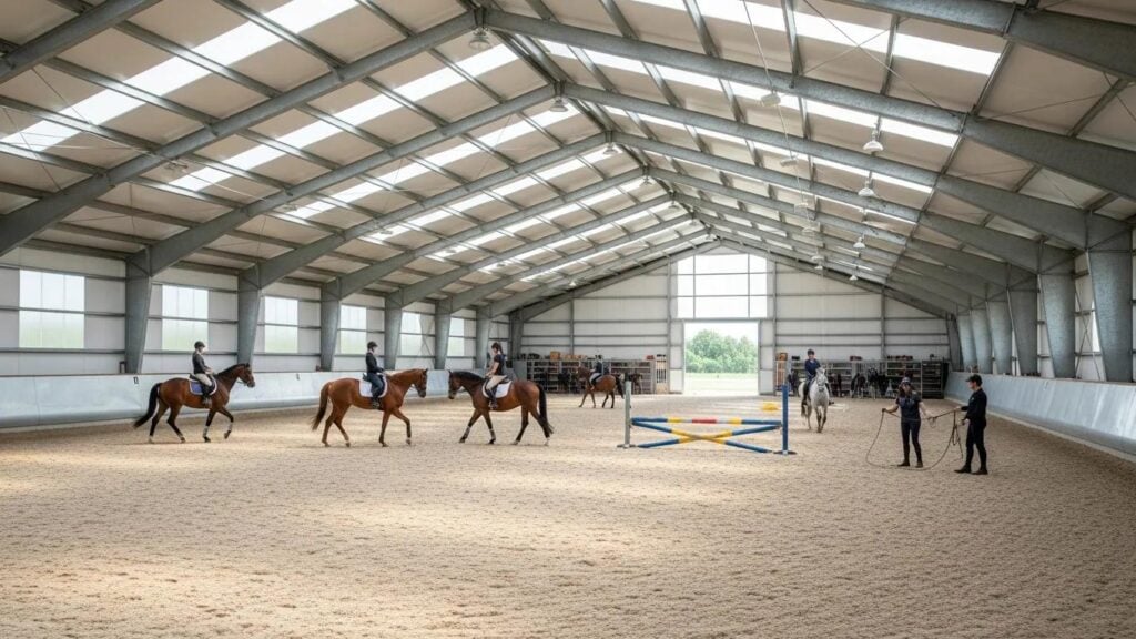 Custom metal horse arena with horses training, highlighting durability and spacious design
