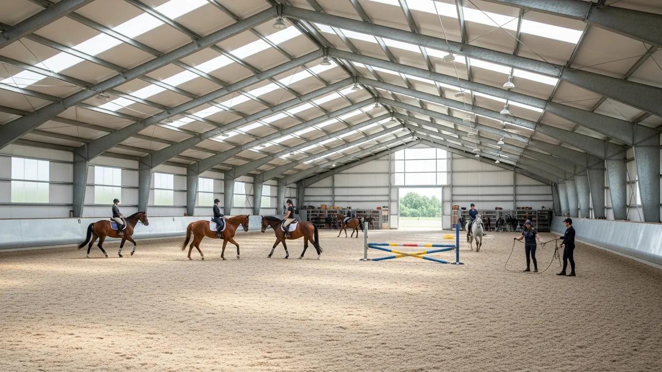 Custom metal horse arena with horses training, highlighting durability and spacious design