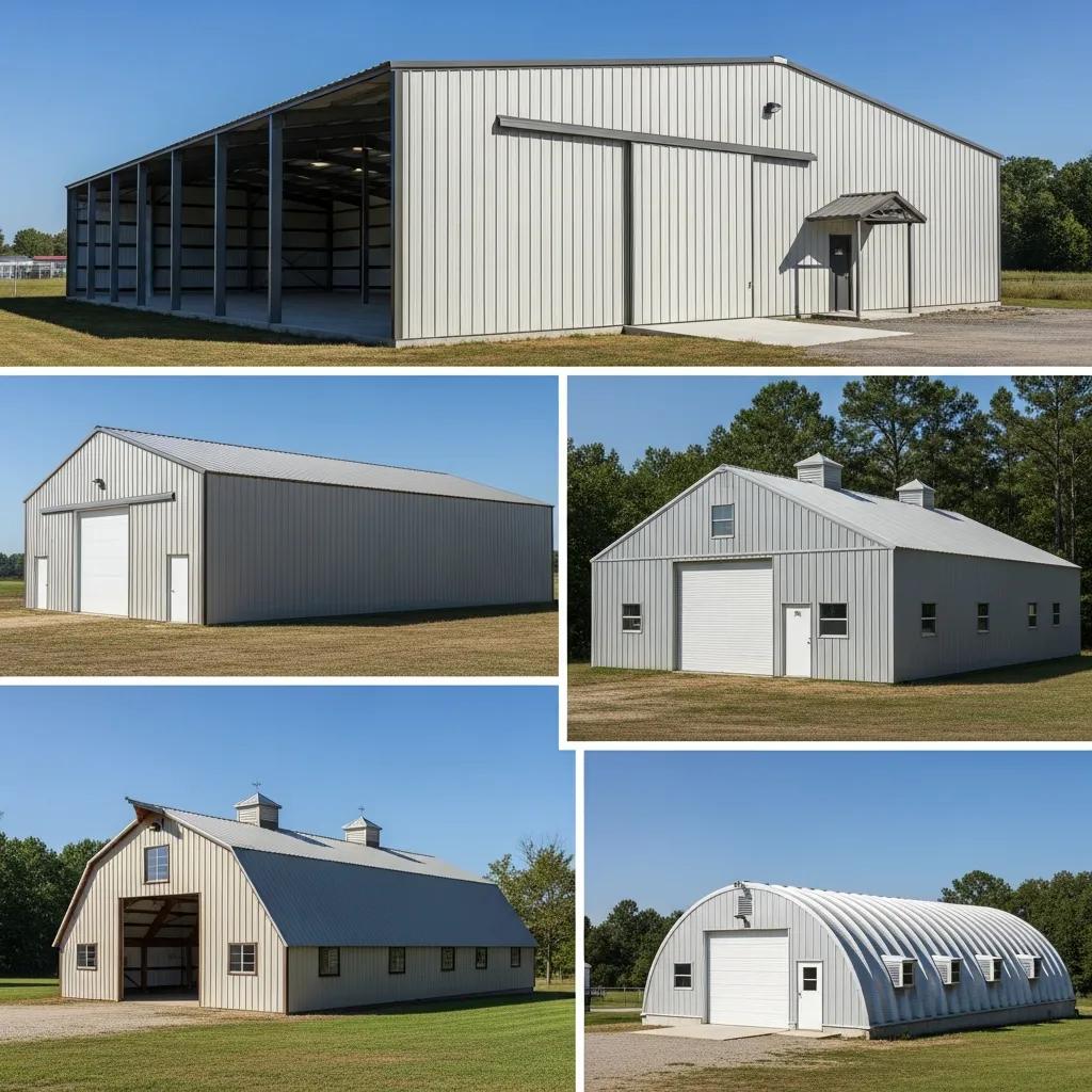 Diverse metal building systems showcasing durability and design in an outdoor setting