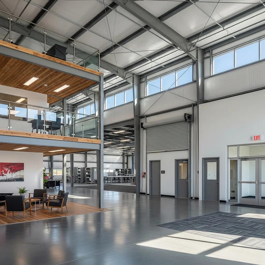 Clear‑span prefab metal building interior showing flexible layout options