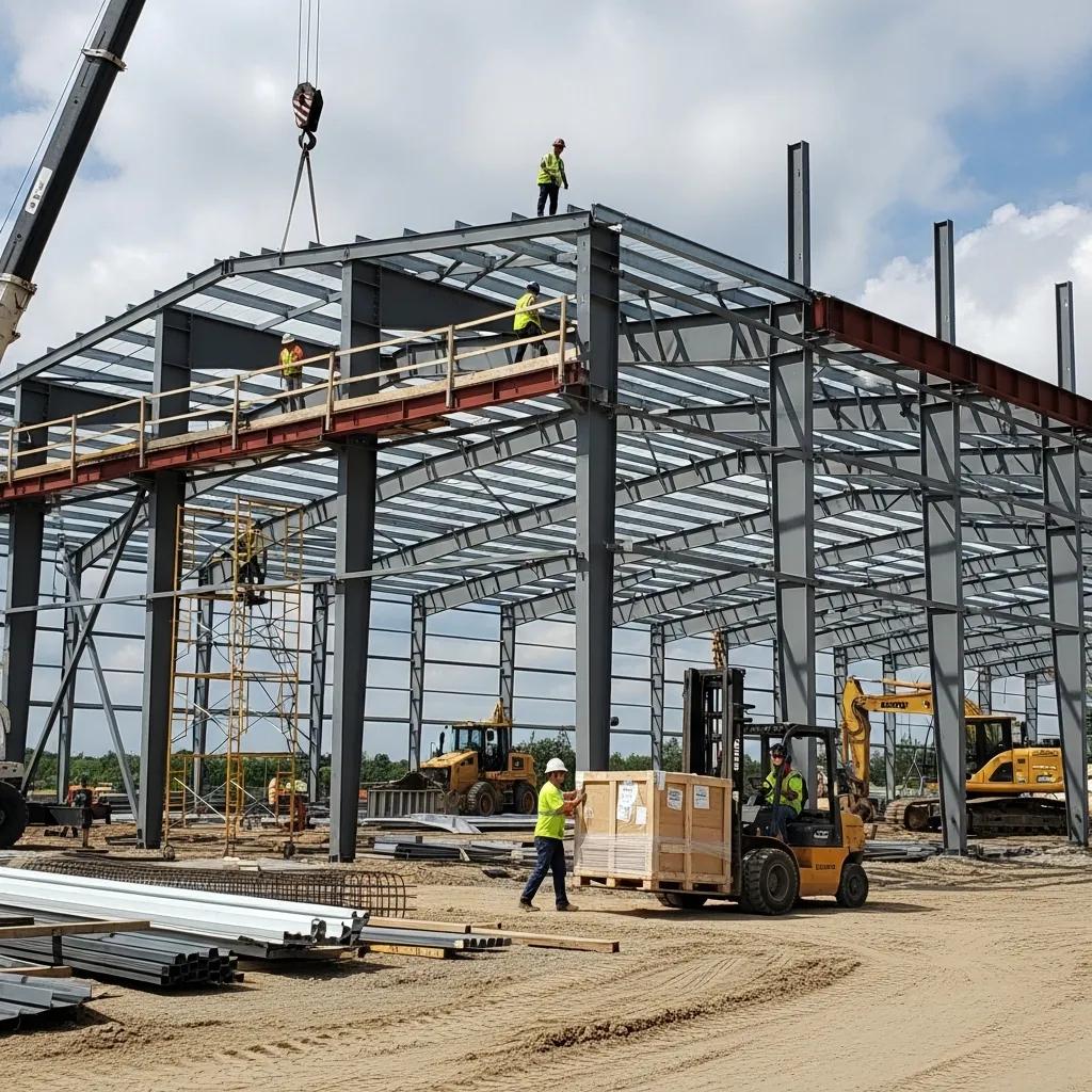Large rigid frame metal building under construction showing clear‑span design