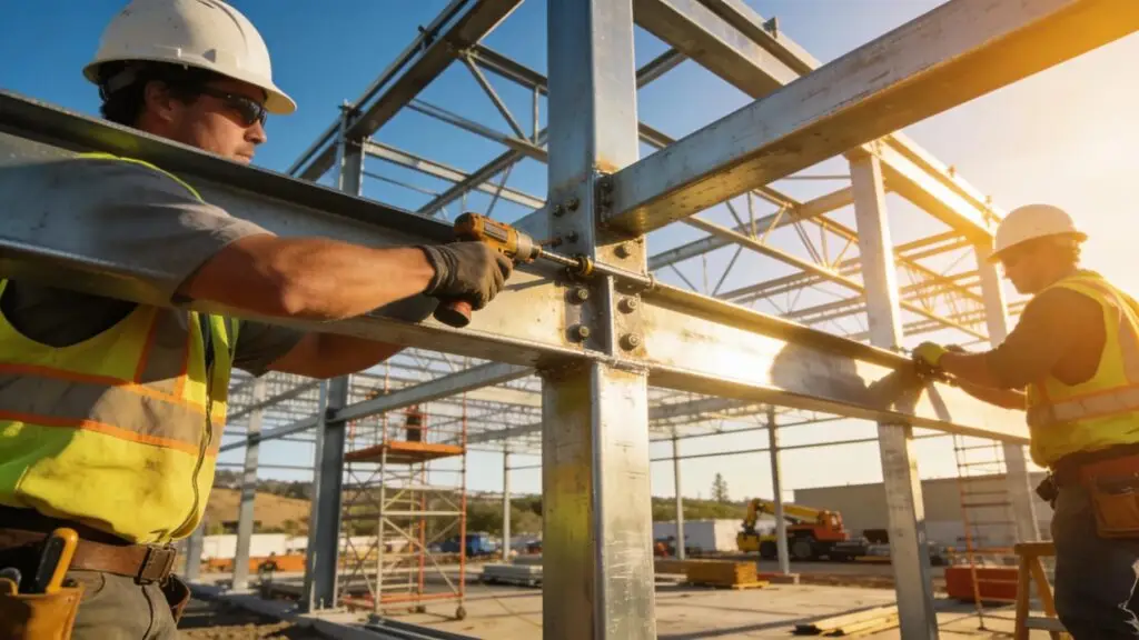 Cold formed steel construction site in Northern California with workers assembling a commercial building.