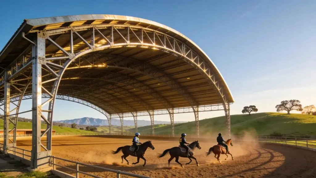 Custom steel horse arena featuring durable metal construction in an equestrian training environment