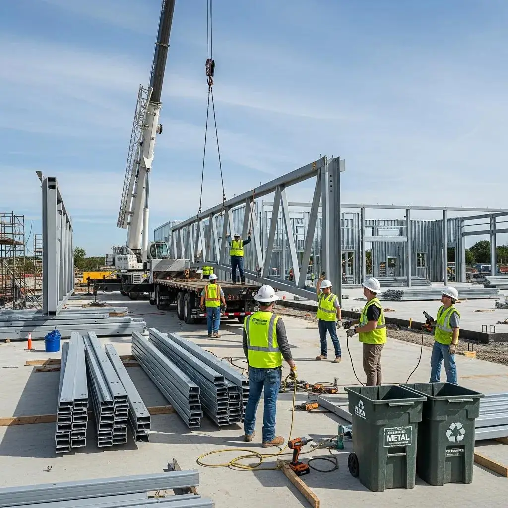 Prefabricated metal building components being assembled on site&mdash;showing efficient construction