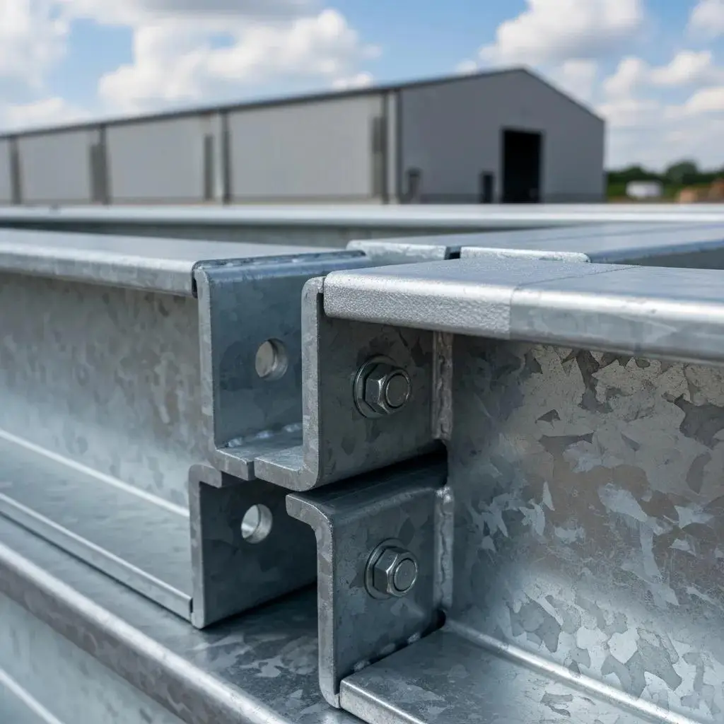 Close-up of galvanized steel framing with protective coatings