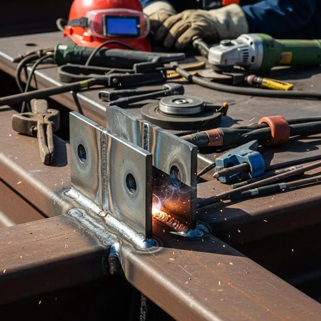 Welded steel connection close-up showing strong joint