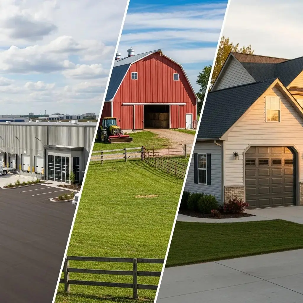 Collection of commercial, agricultural, and residential metal buildings showing versatility