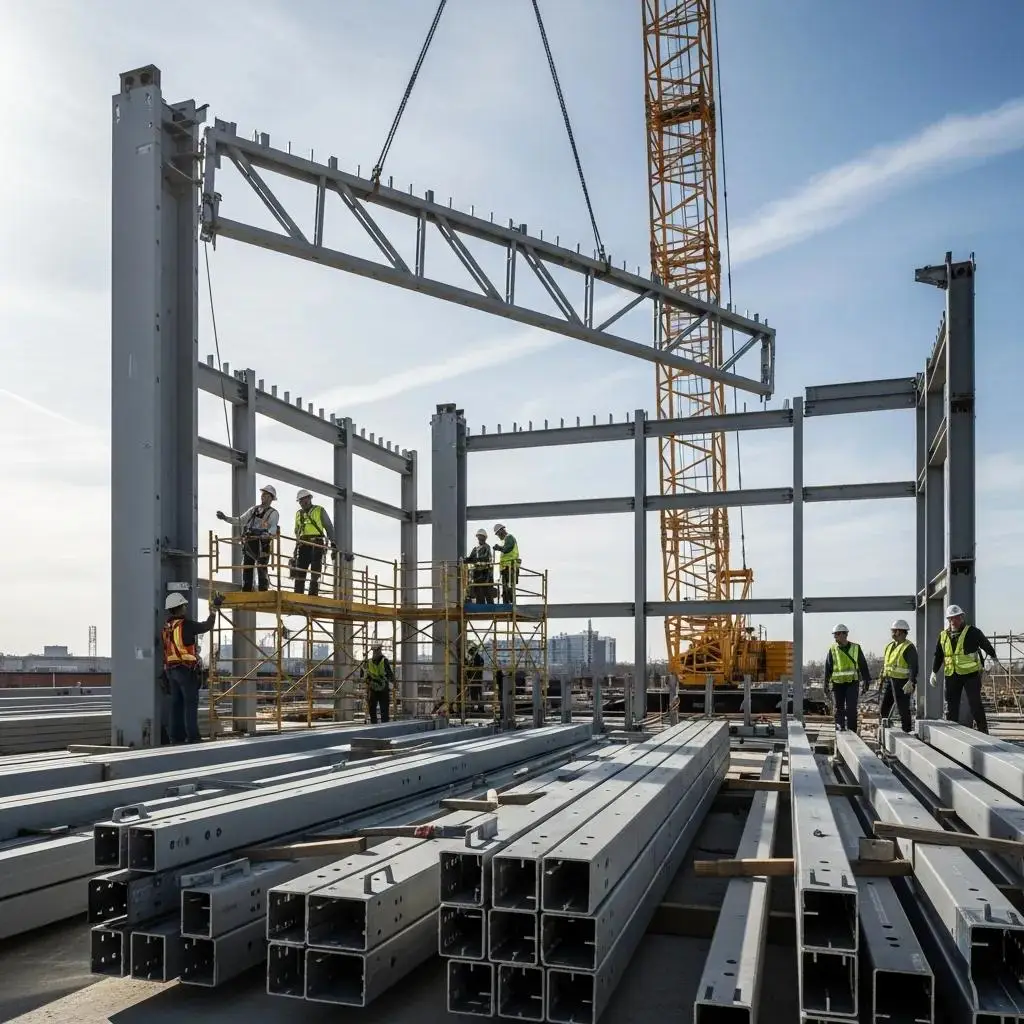 Steel building construction site showing efficient, cost-conscious installation