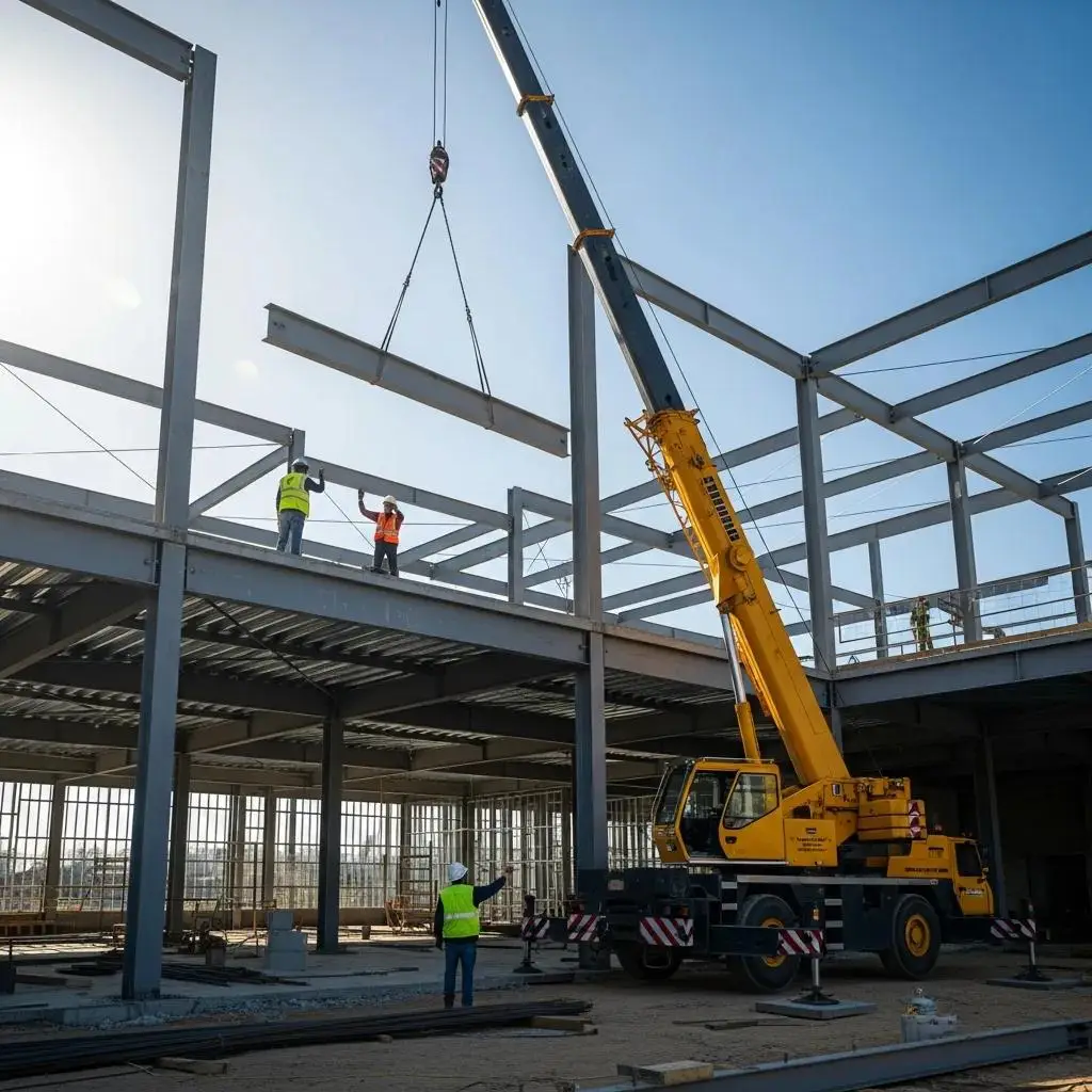 Construction site with structural steel framing highlighting metal building techniques