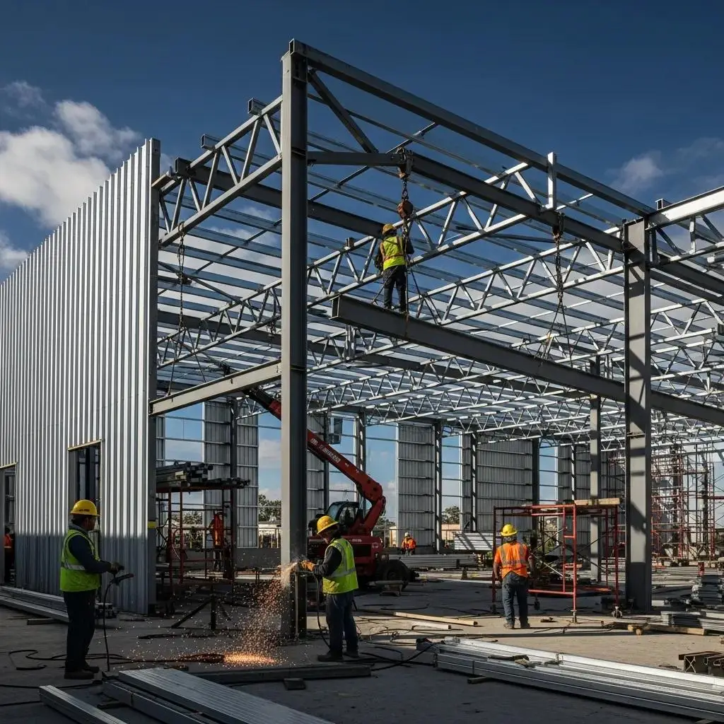 Modern metal building construction showcasing steel framework and workers in safety gear