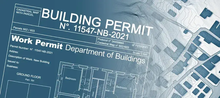 Cadastral map and building permit document with floor plans